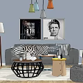 Gray Sofa With Striped Pillows And Coffee Table Set Geometric Wooden And Colorful Pendant Lights
