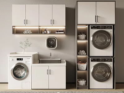 White Modern Bathroom Cabinetry with Open Shelves LED Lighting and Storage Baskets 3d model