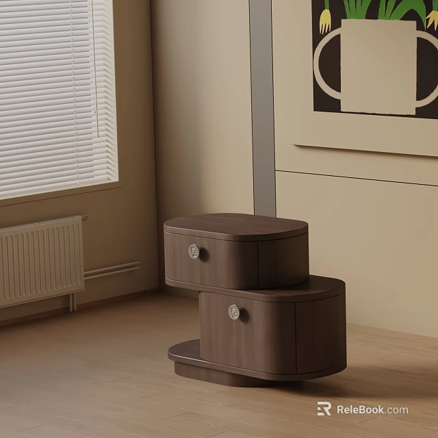 Stacked Brown Nightstands With Drawers In Bedroom By Window And Wall Art 3d model 