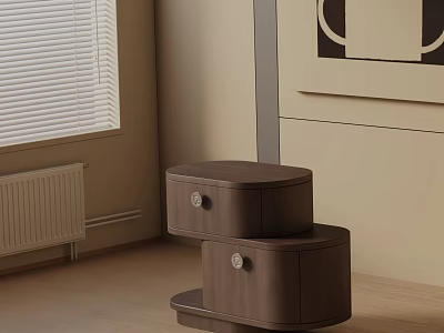 Stacked Brown Nightstands With Drawers In Bedroom By Window And Wall Art 3d model