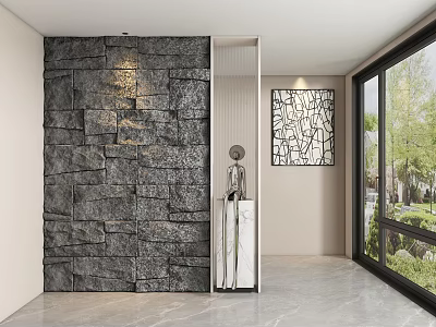 Modern Entryway Interior Featuring Gray Stone Wall White Cabinet Silver Sculpture Decorative Artwork And Windows 3d model