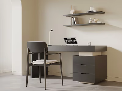Modern Desk Setup With Laptop Lamp Chair And Wall Shelves With Books Decorations 3d model