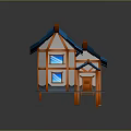 Cartoon House Scene with Blue Roof Orange Trim White Walls Windows and Small Steps