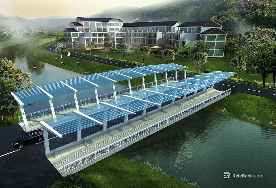 Covered Bridge With Blue Roofed Walkway Over Water Area Near Modern Buildings And Mountain Landscape 3d model 