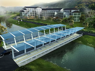 Covered Bridge With Blue Roofed Walkway Over Water Area Near Modern Buildings And Mountain Landscape 3d model