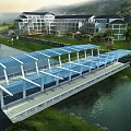 Covered Bridge With Blue Roofed Walkway Over Water Area Near Modern Buildings And Mountain Landscape