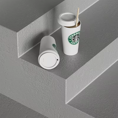 Starbucks Disposable White Cups With Green Logo Lid And Straw Placed On Concrete Steps 3d model