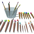 Assorted Art Paintbrushes With Colored Tips Various Sizes And Wooden Handles In Transparent Holder