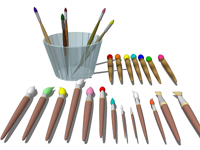 Assorted Art Paintbrushes With Colored Tips Various Sizes And Wooden Handles In Transparent Holder 3d model