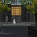 Dark Colored Building Facade With Golden Grille Windows Trees Water Pool Person And Reflection