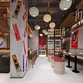 Modern Restaurant Interior With Wooden Bar Counter Hanging Pendant Lights Wine Bottles And Decorative Posters