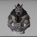 Fierce Mythical Creature Character With Red Horns Sharp Teeth Brown Mane And Red Arm Tattoos