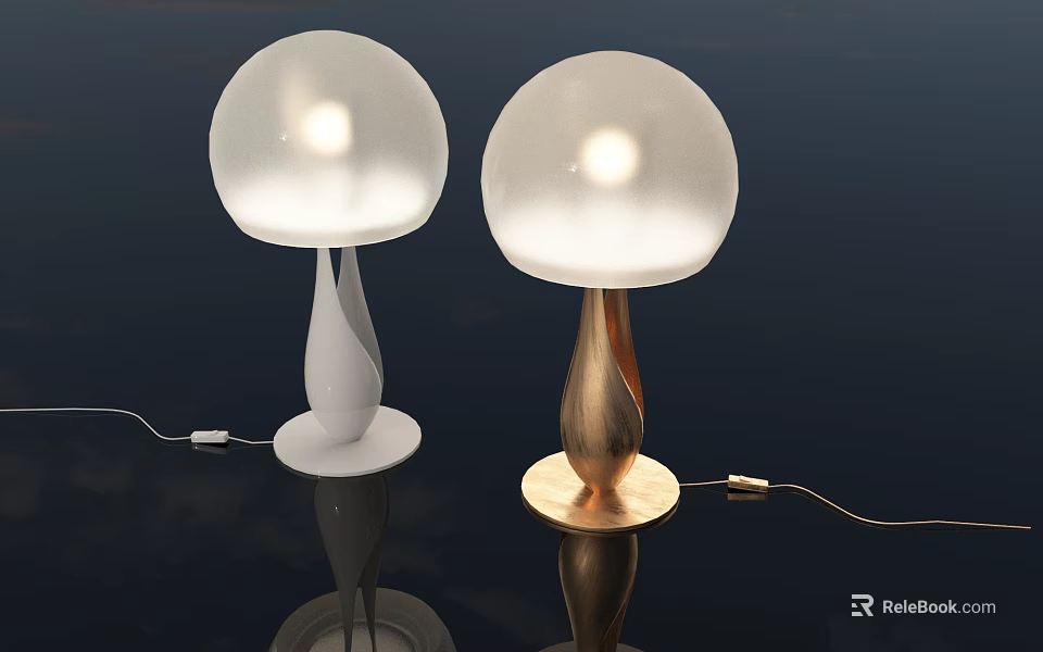 Two Modern Table Lamps With Spherical Lampshade White And Copper Base Warm Light 3d model 