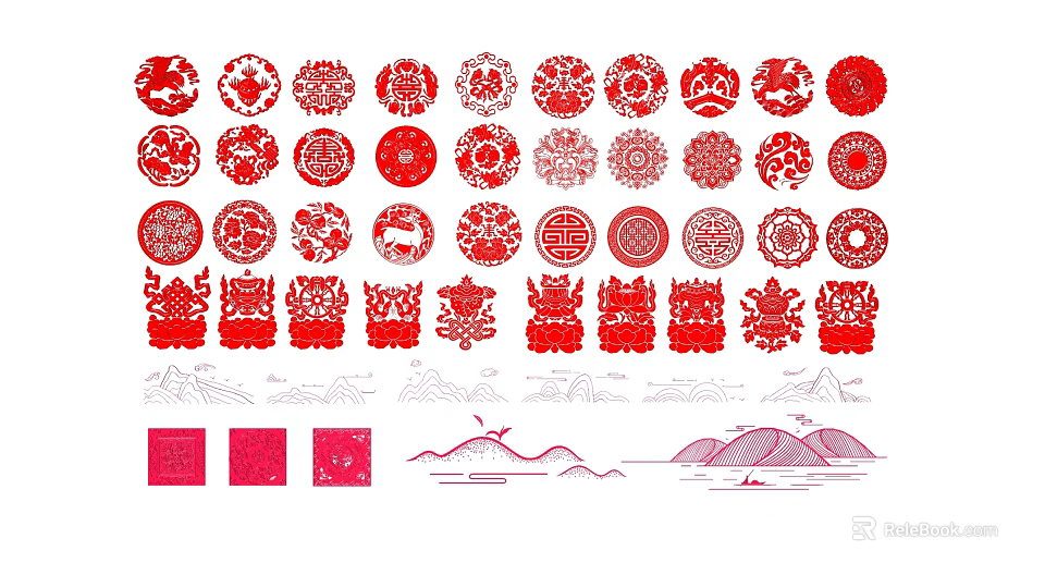 Traditional Chinese Red Paper Cutting Wall Decor With Circular Patterns Mountain Designs And Animal Motifs 3d model 