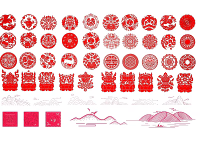 Traditional Chinese Red Paper Cutting Wall Decor With Circular Patterns Mountain Designs And Animal Motifs 3d model