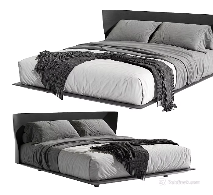 Modern Double Bed With Gray Bedding Black Blanket And Black Headboard 3d model