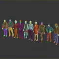 3D Character Models Standing in a Row with Various Outfits and Poses 3d model