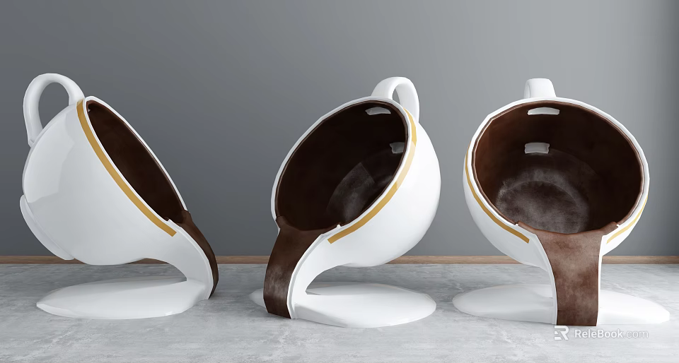 Modern Cup Shaped Leisure Chair With White Brown Leather And Gold Trim Design 3d model 