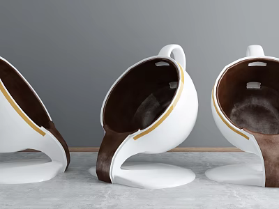 Modern Cup Shaped Leisure Chair With White Brown Leather And Gold Trim Design 3d model