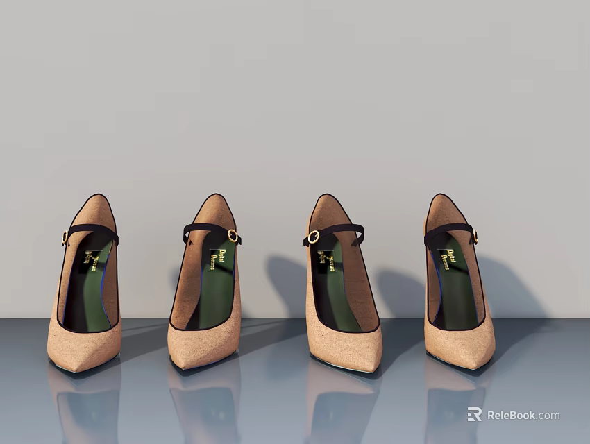 Stylish Beige High Heels With Metallic Buckle And Green Lining Design 3d model 