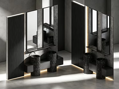 Elegant Contemporary Black Stone Washbasin Design With Mirrors And Lighting 3d model