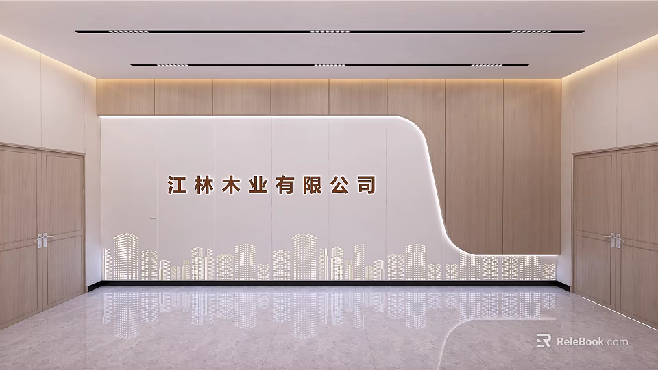 Modern Front Desk for Wood Industry Company with Wooden Panel Wall and City Skyline Silhouette 3d model 