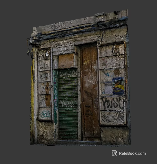 Cartoon Scene Featuring Old Building Worn Wooden Door Rolling Shutter Graffiti and Peeling Walls 3d model 