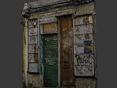 Cartoon Scene Featuring Old Building Worn Wooden Door Rolling Shutter Graffiti and Peeling Walls 3d model