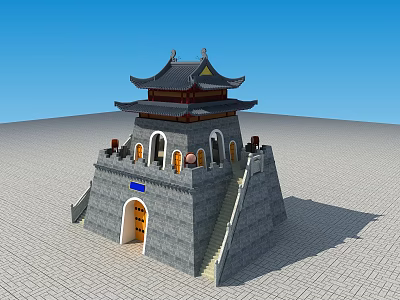 Ancient Architecture Featuring Traditional Pagoda Roof Gray Stone Structure Stone Steps and Arched Doorways 3d model