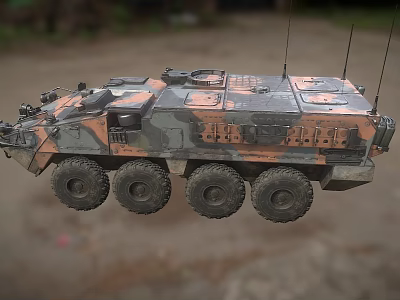 Tactical Armored Military Vehicle With Camouflage Paint Multiple Wheels And Antennas 3d model