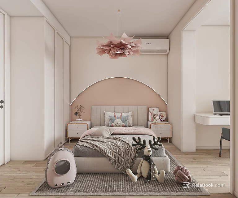 Cozy Kids Room Interior With Pink Chandelier Plush Toys And Bed 3d model 