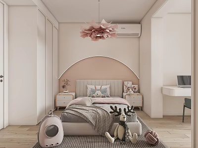 Cozy Kids Room Interior With Pink Chandelier Plush Toys And Bed 3d model
