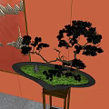 Bonsai Tree Placed On Black Pot With Green Moss Against Red Wall Featuring Mountain Pattern 3d model