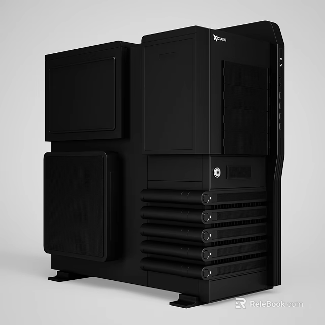Black Modern Desktop PC Tower Case With Multiple Drive Bays And Ventilated Design 3d model 