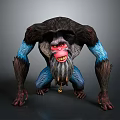 Ape like Game Movie Character With Dark Blue Fur Red Face Yellow Teeth And Beard