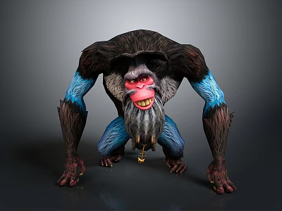 Ape like Game Movie Character With Dark Blue Fur Red Face Yellow Teeth And Beard 3d model