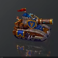 Cartoon Style Military Vehicle Tank With Red Flag Blue Top Golden Shield Barrels Flame Decorations