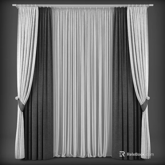 Modern Striped Curtains in Gray and White with Elegant Tiebacks and Soft Drapes 3d model 
