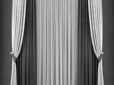 Modern Striped Curtains in Gray and White with Elegant Tiebacks and Soft Drapes 3d model