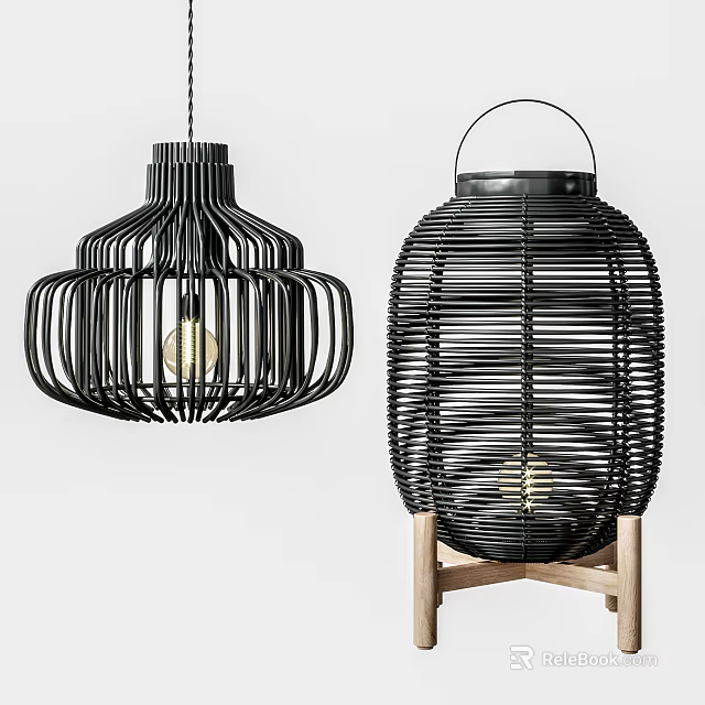 Modern Black Woven Lighting Combination With Pendant Lamp And Floor Lamp Wooden Base 3d model 