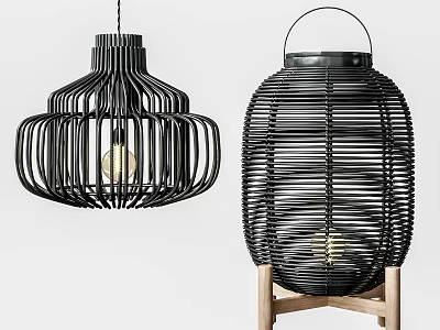 Modern Black Woven Lighting Combination With Pendant Lamp And Floor Lamp Wooden Base 3d model