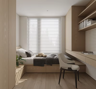 Modern Tatami Bedroom Interior Design With Tatami Bed Wooden Desk And Window Blinds 3d model