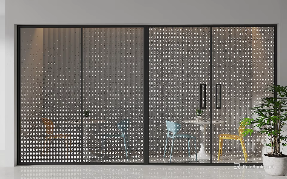 Modern Perforated Sliding Doors With Black Frame In Dining Area Scene 3d model 