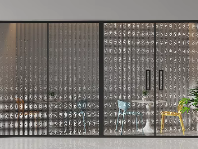 Modern Perforated Sliding Doors With Black Frame In Dining Area Scene 3d model