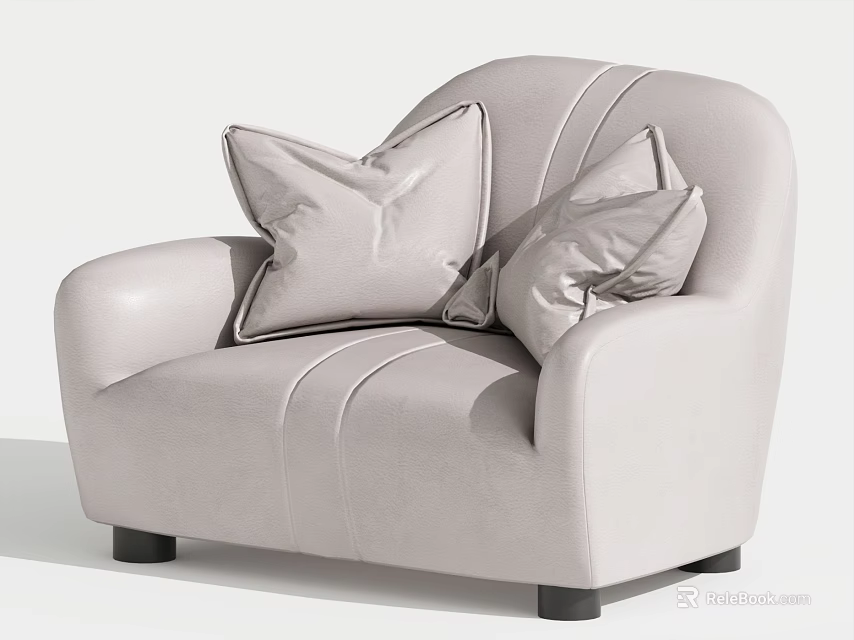 Single Sofa With Light Gray Leather Stitched Design Two Decorative Pillows And Black Legs 3d model 