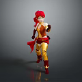 Red Haired Woman In Red And Yellow Outfit Standing And Pointing Forward