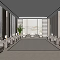 Hotel Public Lounge Area Featuring Comfortable Sofas Armchairs Large Windows Gray Curtains And Decorative Art