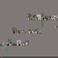 Bonsai and Potted Plants Arranged On Tiered Wall Shelves With Decorative Frames And Ornaments
