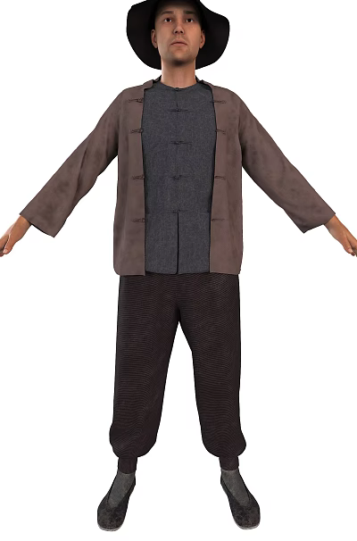 Man In Traditional Style Wearing Dark Gray Vest Brown Coat And Dark Striped Pants 3d model