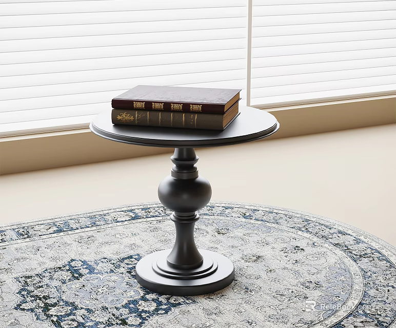 Dark Wooden Side Table With Books On Circular Patterned Rug By Window With Natural Light 3d model 